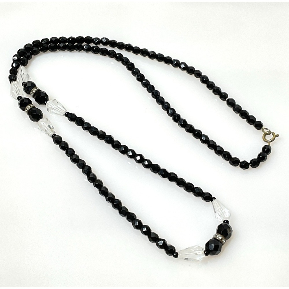 Vintage Art Deco Black Clear Glass Necklace Faceted Bead 26" Crystal Accent